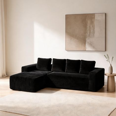 Canapé d'angle modulable en velours côtelé noir avec méridienne (1/5)