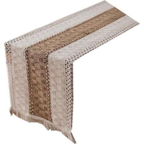 Napperon de table en lin et coton tissé bicolore avec pompon, idéal pour les mariages, les fêtes, la cuisine et la maison. Dimensions : 30 x 120 cm. Fil de coton sur les deux faces. (1/5)
