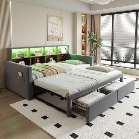 Cama sofá extensible con almacenaje LED gris oscuro OKMYHOME (1/5)