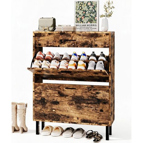 Meuble à chaussures étroit gain de place, armoire fermée avec 3 tiroirs basculants - 3 niveaux, étagères réglables - en bois autoportant pour entrée/couloir - Firewood (1/5)