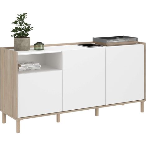 Buffet de salon et salle à manger de style nordique Azzaro en chêne japonais et blanc avec 3 portes et 1 espace ouvert 150x75x40 cm (1/5)