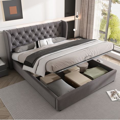 Cama doble 140x190 cm de terciopelo gris con almacenaje hidráulico, sin colchón - CHICFURN (1/5)