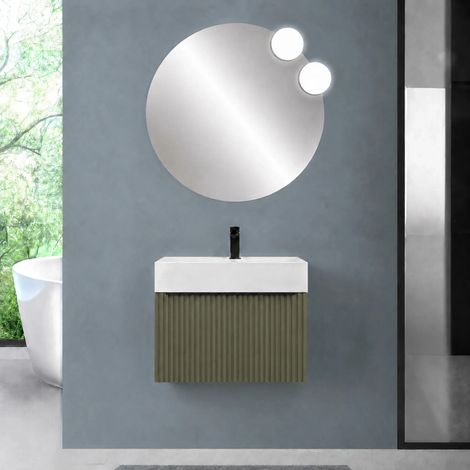 Mobile bagno sospeso 80 cm verde opaco con un cassetto e lavabo alto in resina Nara (1/5)