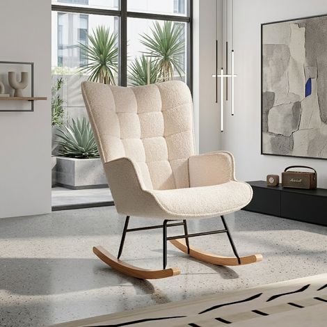 Chaise Ă Bascule, Fauteuil Ă Bascule Allaitement pour Salon, Chambre Ă Coucher, Rocking Chair en Velours Teddy avec Dossier Ă Carreaux, Beige (1/5)