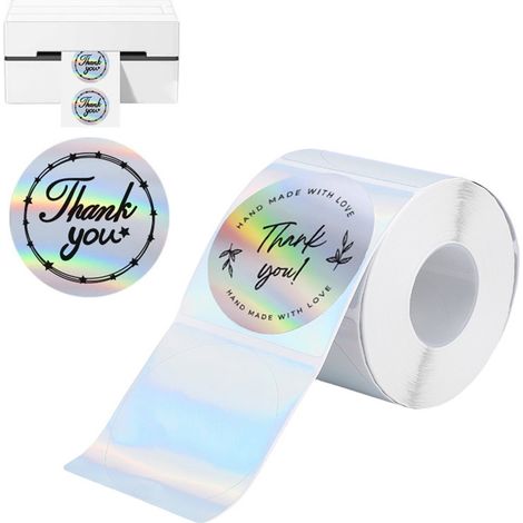 1 rouleau de 400 étiquettes holographiques rondes de 5 cm (2 pouces) pour imprimante, autocollantes, papier thermique direct pour loisirs créatifs et décorations (1/5)