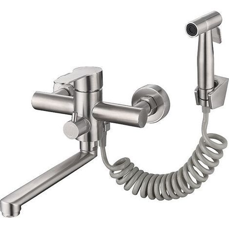 Wall-mounted kitchen tap, wall-mounted kitchen mixer tap with spray gun, 360° rotating mixer tap, 23 cm rotating spout. (1/5)