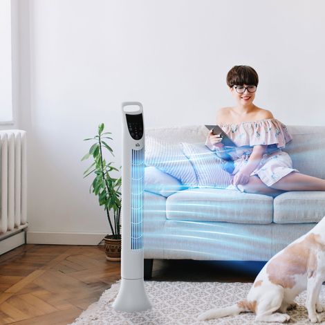 Ventilatore a torre oscillante silenzioso, 40W, telecomando, pannello di controllo touch, 3 velocità, altezza 91,5 cm, bianco