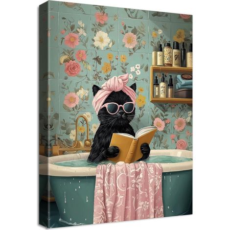 Leinwandbild Rahmen 40L x 60B cm Niedliche Schwarze Katze beim Baden (1/5)