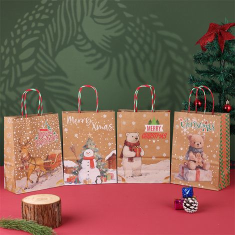 Sacs cadeaux de Noël en papier kraft poignée torsadée 4 pièces 27x22x11 cm (1/2)