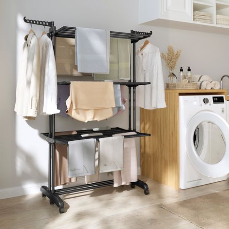 Étendoir à Linge à 4 Niveaux, Séchoir Pliable à Roulettes, 63,5 x 125,5 x 172,5 cm, Noir (1/5)