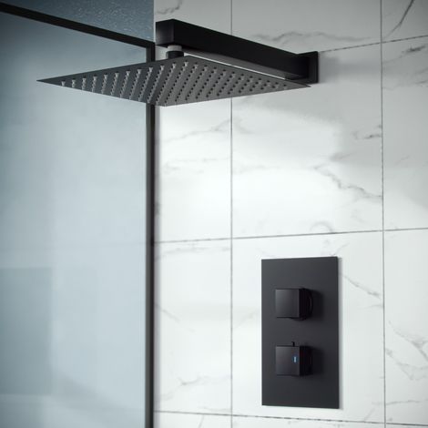 Rennes Concealed Thermostatic Overhead 200mm Square Rainfall Shower Mixer Set Matte Black (1/5)