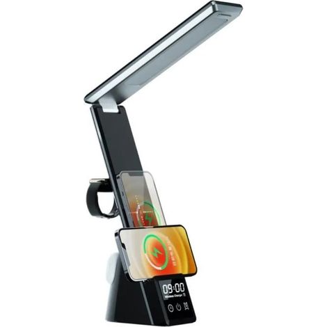 3 en 1 Lampe à Poser de Bureau LED USB avec Réveil Chargeur Téléphone , Montre, Écouteur Sans Fil Rapide-Noir (1/4)