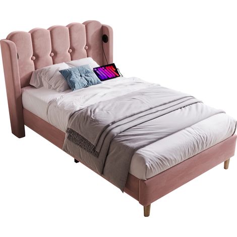 Lit simple 90x200 cm en velours rose avec sommier à lattes, cadre de lit capitonné 1 place avec port USB et Type C pour chambre ado (1/5)