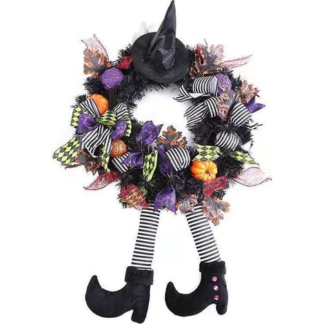 Halloween-Kränze für die Haustür, 64 cm Hexenkranz mit Hut und Kürbisbeinen, für Tür, Veranda, Fenster (1/5)