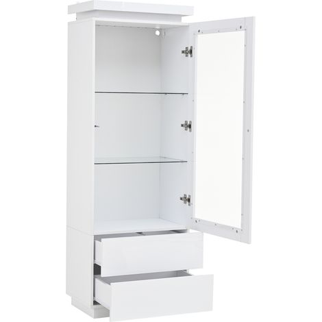 Vitrine 6040171cm, armoire haute avec 2 tiroirs, armoire vitrine haute brillance avec LED, étagère et vitrine, meuble de salon avec portes vitrées et porte rabattable, blanc (1/5)