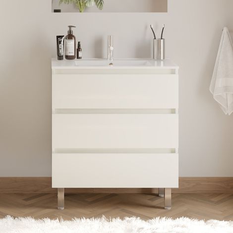 Meuble de salle de bain 60cm simple vasque - sans miroir - 3 tiroirs - blanc brillant - MAYOR
