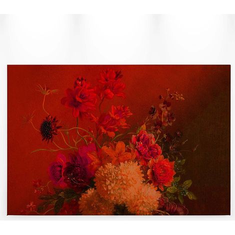 Tableau bouquet de fleur vibrant rouge orange | Tableau fleur idéal déco salon & couloir | Tableau sur toile fleuri rouge - 0,9 x 0,6 m (1/5)