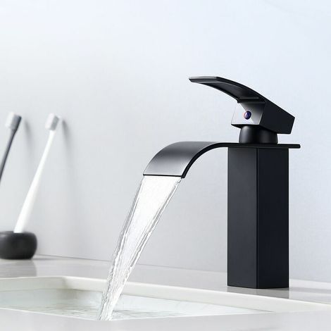 Mitigeur Cascade Noir Moderne pour Lavabo - Robinet de Salle de Bain Auralum - Convient pour les Lavabos encastrés- (1/4)