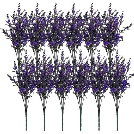 Lot de 12 plantes artificielles à 7 tiges flexibles, faux arbustes et feuillages d'extérieur, résistants aux UV et aux décolorations, en plastique violet. (1/5)
