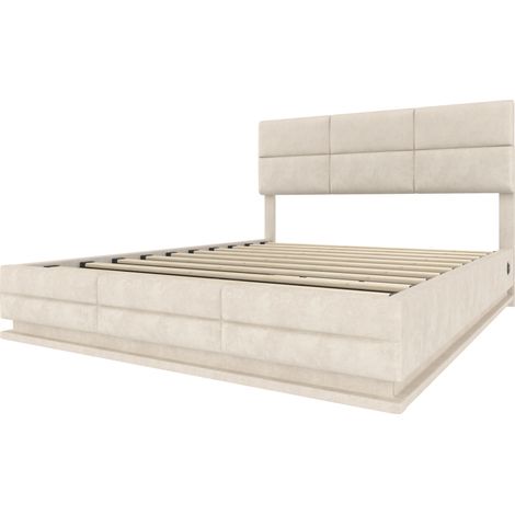 Cama con almacenaje 140x200 cm de terciopelo beige con cabecero regulable, LED y USB/Type-C (1/5)