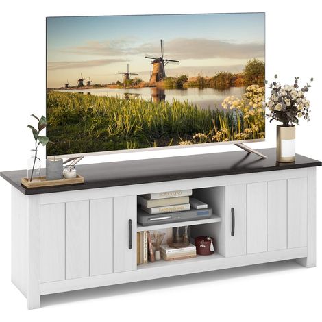 COSTWAY Mueble TV de hasta 65 Pulgadas, Muebles de Salón de 2 Puertas, Mesa Consola Moderna con 2 Estantes de Almacenaje, Centro de Entretenimiento para Cables, 145 x 39,5 x 49,5 cm (Blanco + Marrón) (1/5)