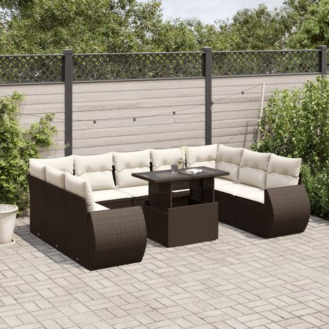 Set de sofás de jardín 10 pzas y cojines ratán sintético marrón vidaXL (1/5)