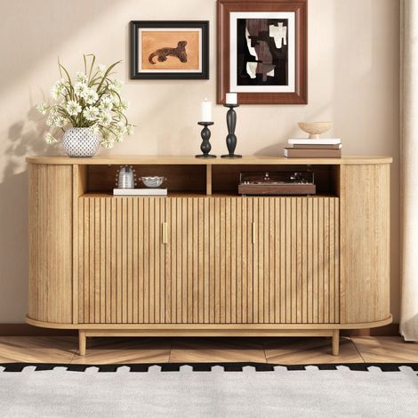 Buffet de Salon - 140x40x78 cm - 3 Portes Façade Cannelée avec Pieds en Pin Massif Meuble Rangement - Bois Naturel (1/5)