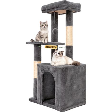 Árbol rascador para gatos, 2 niveles, diseño antivuelco, gris oscuro. (1/2)