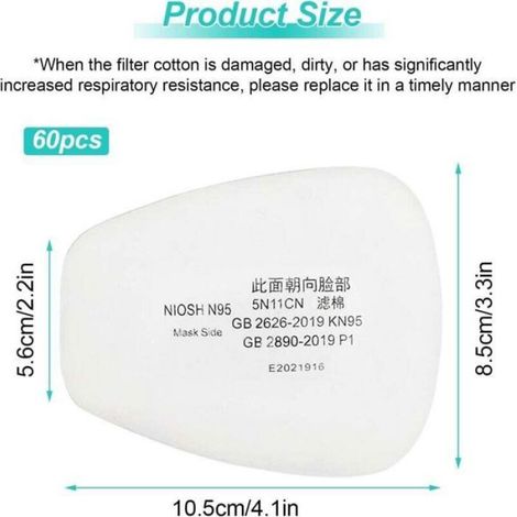 Lot de 60 filtres en coton 3M, filtre pour masque complet, filtre à insertion 5n11 CN, filtre en coton pour filtres 6000, (blanc) (1/4)