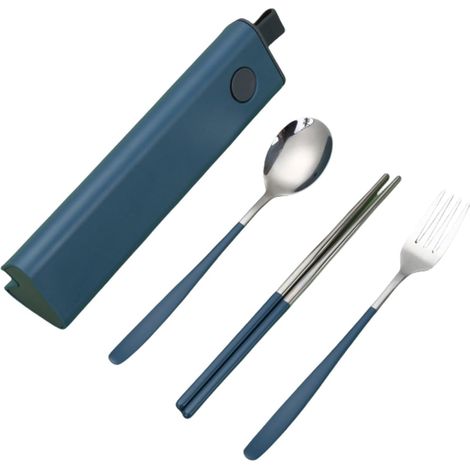 Ensemble de couverts portables 3 pièces en acier inoxydable avec étui coulissant – Fourchette, baguettes et cuillère finition poli miroir – Voyage et camping (Bleu) (1/4)