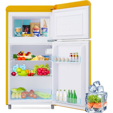 Réfrigérateur style rétro, modèle à deux portes (haut et bas), capacité totale de 72 litres, compartiment congélateur de 21 litres, consommation énergétique de 120 kWh/an, éclairage LED. (1/5)