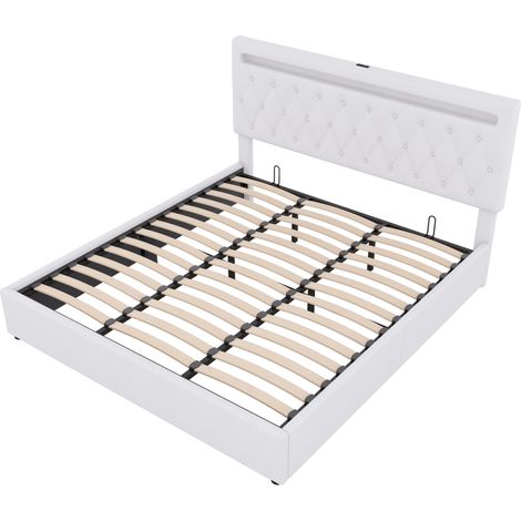 Letto contenitore 180 x 200 cm in lino bianco con LED, USB e sollevamento idraulico (1/5)