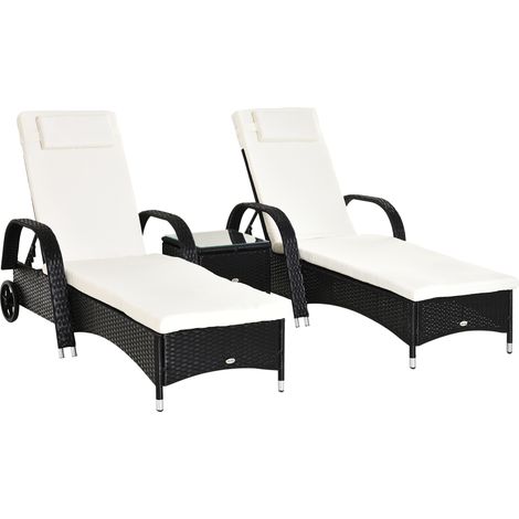Outsunny 3-teiliges Gartenmöbelset: Sonnenliege, Tisch und Sessel aus schwarzem und cremeweißem Polyrattan