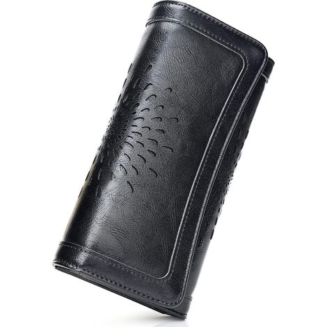 Portefeuille femme en cuir de grande capacité à trois volets (noir)