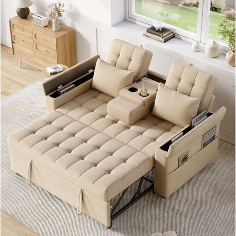 Divano letto 159x142.5x92 cm beige in cotone e lino con contenitore e schienale regolabile (1/5)