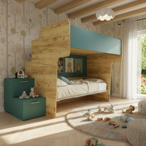 Letto a castello salvaspazio con rete superiore da una piazza e mezza e scala laterale - Quercia e verde petrolio (1/5)