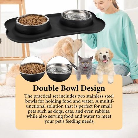 Comedero para perros y gatos,Comedero para perros,Con 2 comederos de acero inoxidable,Alfombrilla de silicona para comedero,3621cm,Negro (1/5)
