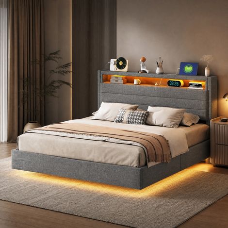 Polsterbett 140x200 cm mit USB, LED und hochklappbarem Kopfteil, grau HAVRYA (1/5)