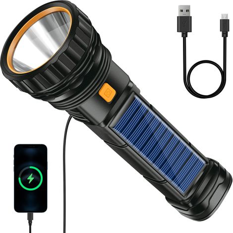 Lampe de poche solaire LED rechargeable étanche 1200mAh, avec batterie d’urgence, 3 modes d’éclairage, lampe USB pour camping