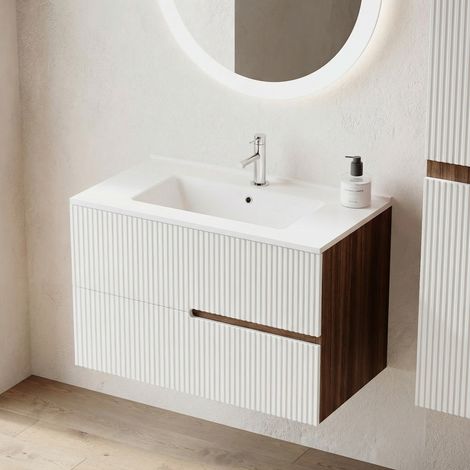 Meuble simple vasque L.80cm à suspendre Chêne Moka 2 tiroirs Blanc brillant cannelé EVA - sans colonne (1/5)