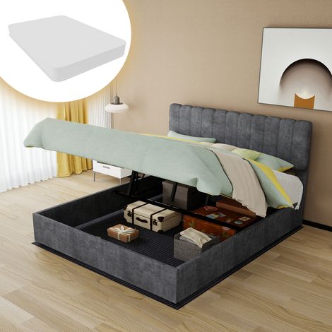 Bettgestell 160x200 cm grau aus Stoff und Metall mit hohem Kopfteil und Matratze (1/5)