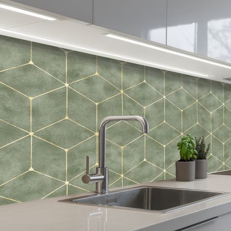 REVETEMENT MURAL DE CUISINE, CRÉDENCE DE CUISINE Subtil - Géométrique - Or - Vert 200x80 cm
