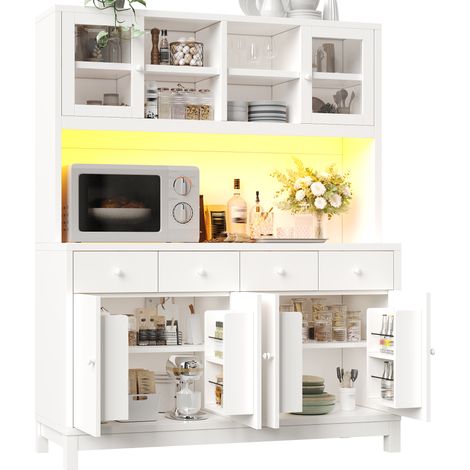 Hohes Küchenbuffet mit 4 Schubladen, Glastüren, Verstellbaren Einlegeböden und RGB-LED, MDF Weiß 140 x 38.5 x 180 cm (1/5)