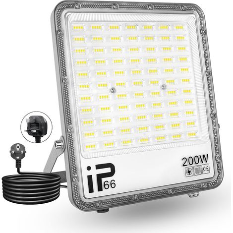 Lumière LED Extérieur 200W, 20000LM, Blanc Froid 6500K, Projecteur LED Sécurité IP65 Étanche, Lumière de Travail LED pour Porte d'Entrée, Entrepôt, Parking, Cour, Rue avec Prise (2 Pièce) (1/5)