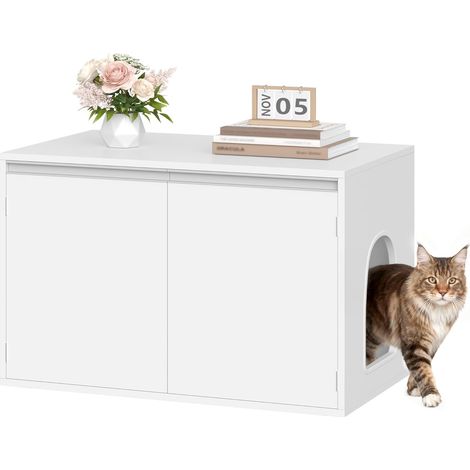 Meuble Litiere Chat, Maison de Toilette Chat avec Séparateur Amovible, Niche pour Chat avec Entrée Réglable sur Le Panneau Latéral, Coins Antidérapants, Blanc (1/5)
