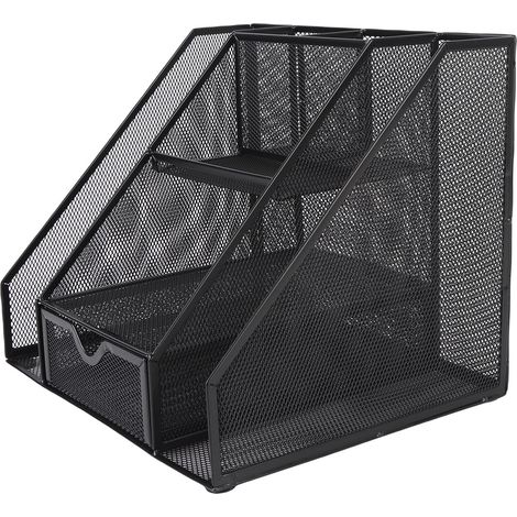 Casier bureau mesh métal organiseur vertical fer avec tiroir boîte courrier porte-stylo fournitures noir (1/5)