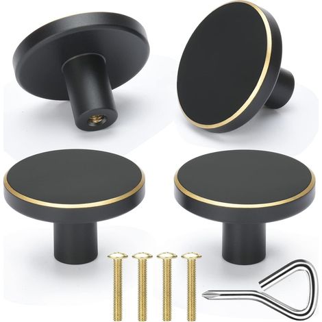 Lot de 4 poignées rondes en laiton pour meubles, poignées rondes pour tiroirs de cuisine, pour chambre, salle de bain (noir + or) (1/5)