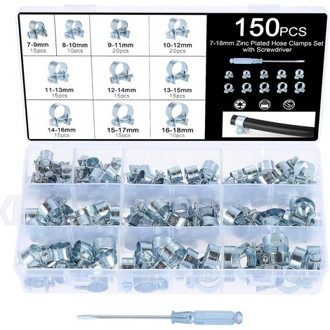150 Pièces Colliers de Serrage pour Tuyau de Carburant, 7-18 mm Pinces de Fixation de Tuyau en Silicone Galvanisé,Pinces de Tuyau de Tube de Placage de Zinc avec 1 Pièce Tournevis à Fente (1/5)