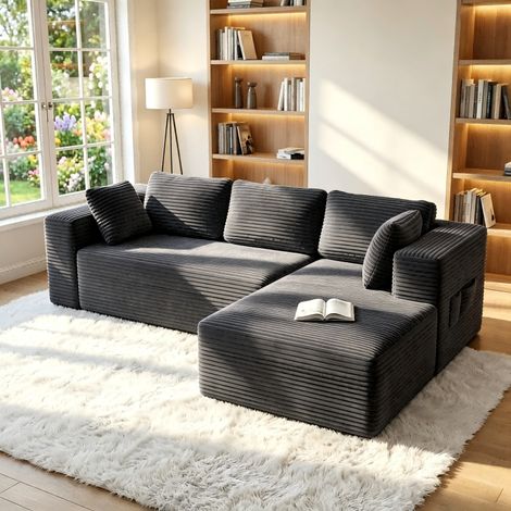 Canapé d'angle réversible 4 places convertible avec coffre en tissu – Dimensions couchage 273x163cm – Canapé Compressé en Forme de L - Velours Côtelé - Scandinave - Gris (1/5)