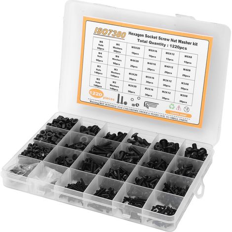 1220-teiliges Schrauben-, Muttern- und Unterlegscheiben-Set aus Kohlenstoffstahl, M2, M3, M4, M5, Halbrundkopf-Innensechskantschrauben, Muttern, Unterlegscheiben (1/5)